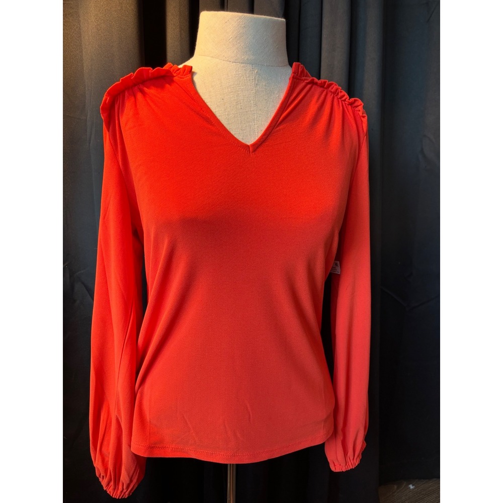 CeCe Florence Rose Ruffle V-Neck Blouse Cherry Pop Red Long Sleeve XS 7063609